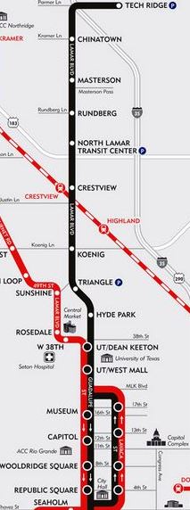 MetroRapid bus route (black line) planned for the G-L corridor. Red line denotes MetroRapid in the Burnet-South Lamar corridor. (Map: Capital Metro)