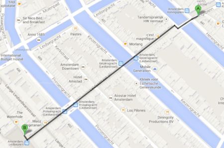 Leidsestraat alignment runs about 500 meters (0.31 mile) in length, passing over several canals.