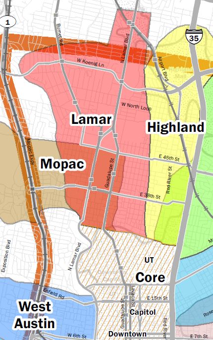Snippet of Project Connect's much larger "Central Corridor" map (actually, the central-city study area) shows "Lamar" sector (in orange, dubbed a "sub-corridor" in Project Connect's peculiar nomenclature) plus several adjacent sectors. Actual Guadalupe-Lamar travel corridor includes both the Lamar and Core sectors, but each sector is being evaluated in isolation.