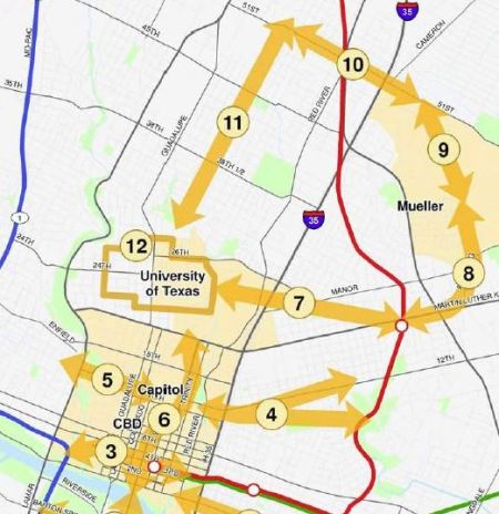 Closeup of City's Central Austin Transit Study map, showing core, potential rail corridors, and City's version of route to "North Central Austin" (Hyde Park via Speedway). Guadalupe-Lamar was avoided. Map: Snip from COA document.