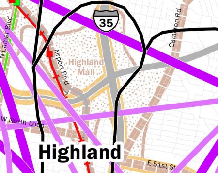 Closeup of data visualization of 2035 travel demand projection focusing on "Highland" sector. Snip by L. Henry of Project Connect infographic.