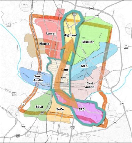 Project Connect's anointed sectors ("sub-corridors") for urban rail, selected on Nov. 15th. Map: Project Connect.