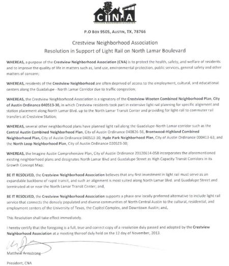 Image of Crestview Neighborhood Association resolution supporting urban rail in Guadalupe-Lamar corridor.