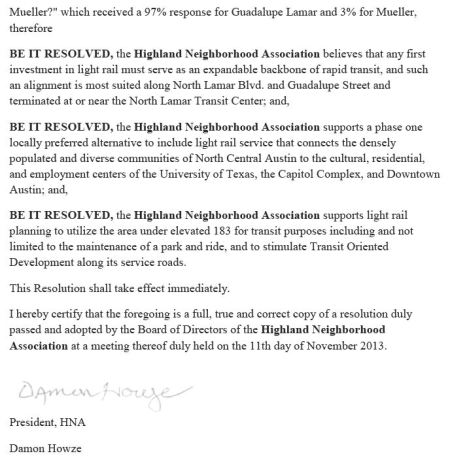 Images of HNA resolution endorsing Guadalupe-Lamar corridor for urban rail.
