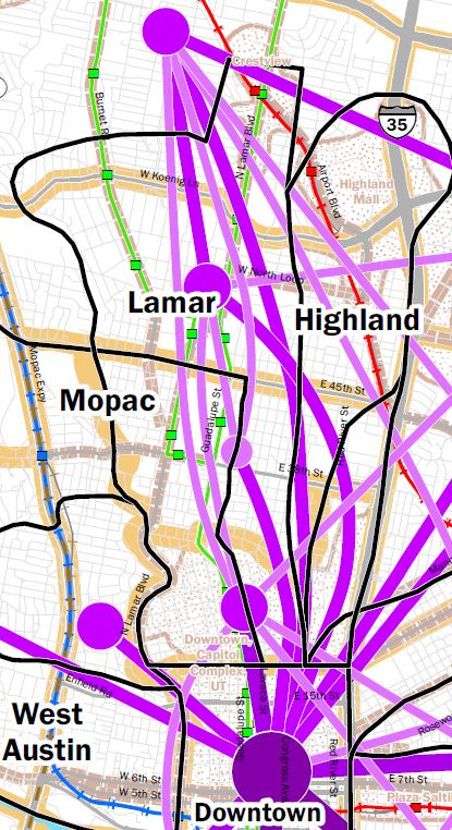 Closeup of projected travel demand in central core city.