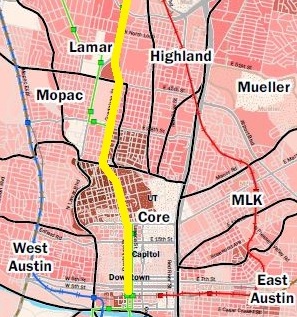 Closeup of Project Connect's central Austin map of population density for 2010 shows intense clusters of density in West Campus, along Guadalupe above W. 29th St., and in Triangle area. Map: Rev. by LH from Project Connect.