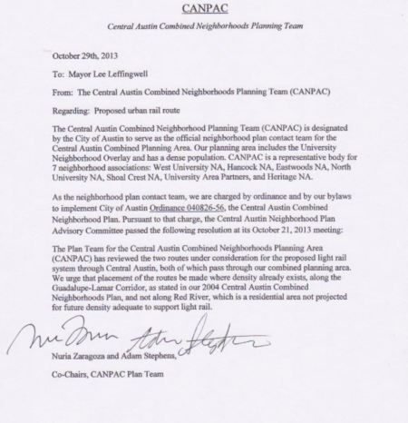 Image of memo conveying G-L endorsement from CANPAC to Austin Mayor Leffingwell.