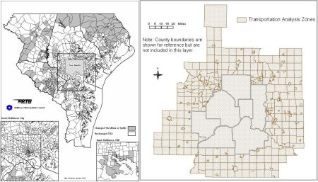 LEFT: Baltimore TAZ map (Baltimore Metropolitan Council). RIGHT: Minneapolis TAZ map (Metropolitan Council).