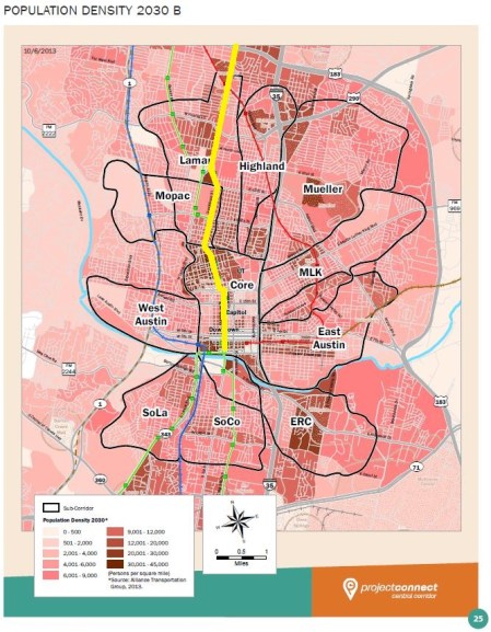 Population density projected for 2030 (G-L corridor spine in yellow). Map: Rev. by LH from Project Connect.