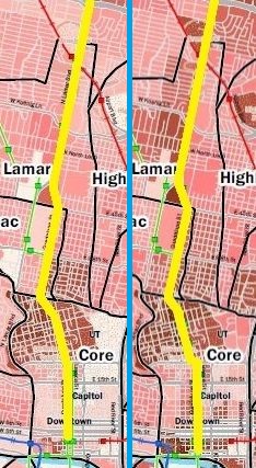 Composite of zoomed-in snips of Project Connect maps of population density. LEFT: 2010. RIGHT: 2030. Rev. by LH from Project Connect.