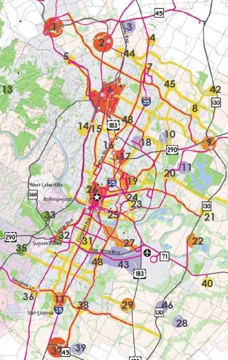 Growth Concept Centers and Corridors Map from COA's Imagine Austin plan. Numbers indicate proposed "centers", increasing in assumed importance as color becomes redder. Note orientation toward major freeways and highways, and trend to promote development to east of central city.