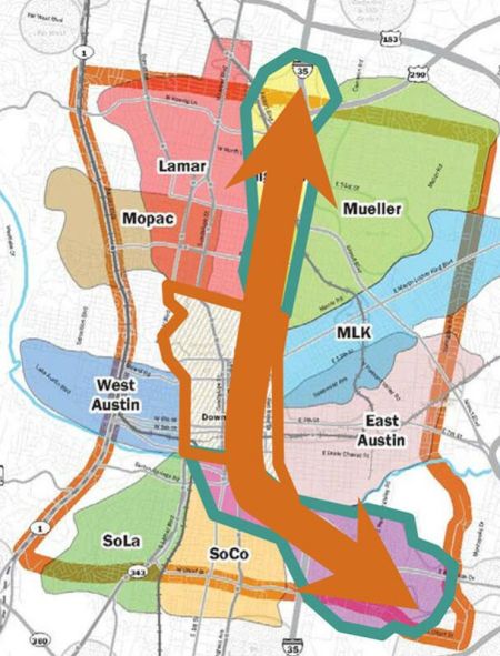 Project Connect's proposed urban rail route profile forms a crescent emphasizing more eastern sectors of city and avoiding heart of central city along West Campus-Guadalupe-Lamar corridor. Note how "Central Corridor" study area is skewed well to east of core area, encompassing large tracts of developable real estate.