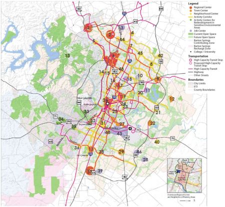 COA's Imagine Austin Growth Concept Centers and Corridors Map, with legend.