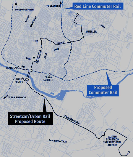 Original urban rail "circulator" system in 2008 map of ROMA consulting team plan, contracted by City of Austin.
