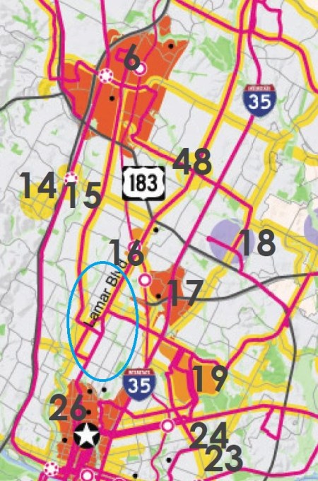Central inner city and established neighborhoods immediately north of core area. Circled area indicates absence of planned "centers", despite abundant opportunities.