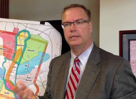 Kyle Keahey promoting "high-capacity transit" route selected by Project Connect, Nov. 2013. Photo: YouTube screengrab.