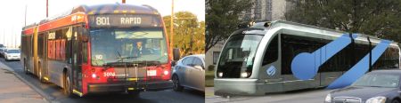 MetroRapid bus (left) and simulation of urban rail (right). Actual FTA view expresses openness to consider replacing MetroRapid service with urban rail in North Lamar corridor. Photo: L. Henry; simulation: COA.