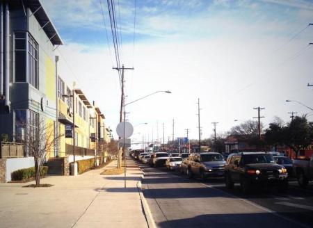 Traffic congestion on North Lamar on morning of Jan. 27th, first day of full MetroRapid service. MetroRapid "rapid transit" bus can be seen in far distance at rear of traffic queue. Photo: Steve Knapp.
