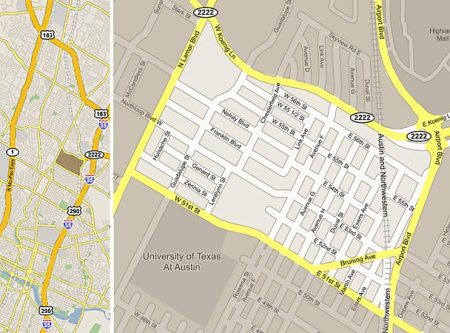 Left map shows Northfield Neighborhood Association (shaded brown) in central-city context, between North Lamar and I-35. Right map zooms in on the association's boundaries, with the MetroRail Red Line (labeled as "Austin and Northwestern"), albeit with no stations, cutting through its easten side. "University of Texas" section just southwest of Northfield is UT's Intramural Fields property, which has been used for athletics and a park & ride facility for UT shuttlebuses. Maps: Northfield NA.