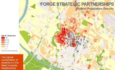 Large cluster of red sections illustrates residents in age cohort 18-24 years old, overwhelmingly located in West Campus neighborhood just west of the Drag and the UT campus. Additional high-density clusters can be seen on campus, as well as north along and near Guadalupe. Density enclave along San Jacinto (bulge in southeast corner of campus) is small fraction of West Campus concentration. Map: CACDC.