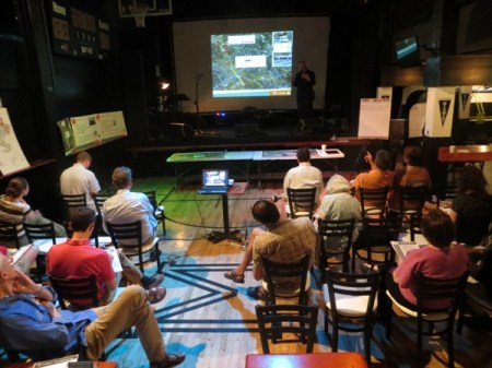 At April 12th "public workshop", attendees watch presentation from Project Connect Urban rail Lead Kyle Keahey. Photo: L. Henry.