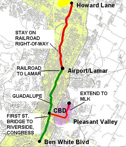 Urban rail (light rail transit) route proposed in 2000 was much straighter, simpler, cost-effective, and affordable, will no major civil works. Project was approved by majority of City of Austin voters, but failed in Capital Metro service area as a whole. Map: Light Rail Now library.