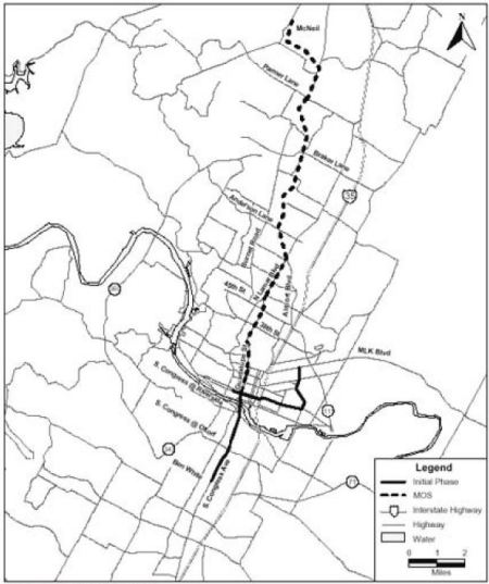 Capital Metro's 2000 MOS (dashed line) and full Phase 1 light rail plan. Map: FTA.