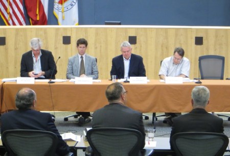 Kyle Keahey, Project Connect's Urban Rail Lead (bottom row, center) during presentation to CCAG. Top row, facing, left to right: CCAG leading members Bill Spelman (Austin City Council), John Langmore (Capital Metro), Maypor Lee Leffingwell, Sid Covington (Lone Star Rail). Photo: L. Henry.