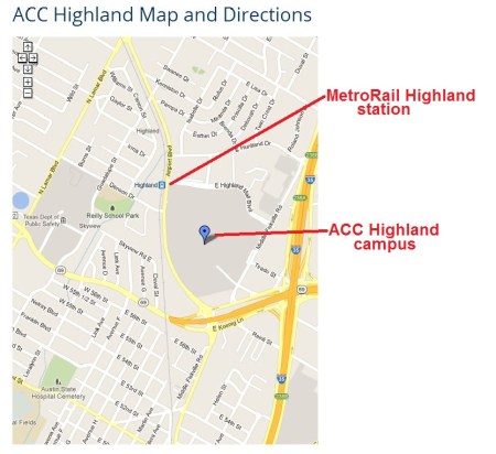ACC's map from its own website (annotated by Austin Rail Now) shows ACC campus (marked with inverted blue "teardrop" with MetroRail's Highland station at its northwest corner.