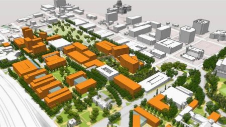 Simulation of future UT medical school development, providing expansion opportunities for University of Texas, Seton medical interests, and other real estate development investors. Graphic via KUT.org.