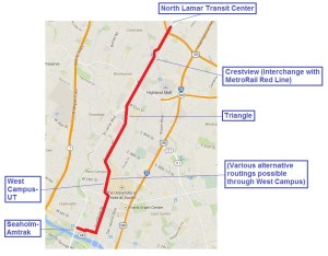 Proposed 6.8-mile "Plan B" light rail transit line in Guadalupe-Lamar corridor would have 17 stations and connect the North Lamar Transit Center at U.S> 183 with Crestview, the Triangle, UT and the West Campus, the Capitol Complex, the CBD, and the Seaholm-Amtrak area. It's projected to serve 3 times the ridership of the Prop. 1 Highland-Riverside rail line at slightly over half the capital cost.