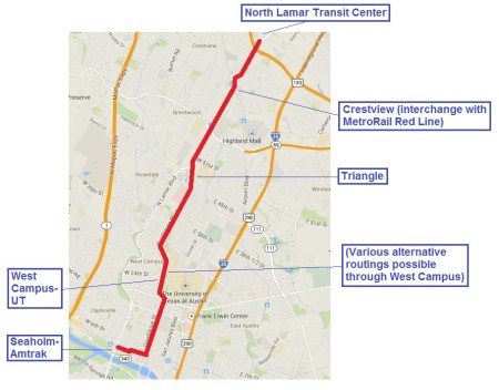Proposed 6.8-mile "Plan B" light rail transit line in Guadalupe-Lamar corridor would have 17 stations and connect the North Lamar Transit Center at U.S> 183 with Crestview, the Triangle, UT and the West Campus, the Capitol Complex, the CBD, and the Seaholm-Amtrak area. It's projected to serve 3 times the ridership of the Prop. 1 Highland-Riverside rail line at slightly over half the capital cost.