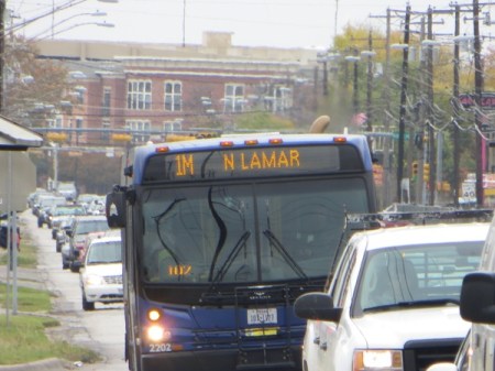 Heavy peak-hour traffic on North Lamar. Guadalupe-Lamar is Austin's most heavily travelled inner-city central corridor, long seen as top priority for urban rail. Photo: L. Henry.