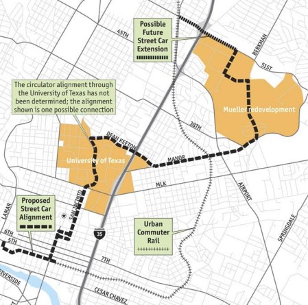 Urban rail concept started as a plan for a streetcar "circulator" system, shown in this early map from 2006. Map adapted from Austin Chronicle.