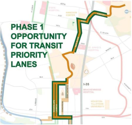 Finalized in May 2012, 5.5-mile, $550-million Phase 1 urban rail starter line was proposed to connect downtown, UT East Campus, Hancock Center, and Mueller site. Graphic: Project Connect.
