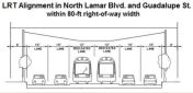 Cross-sectional diagram of major arterials in corridor, showing center LRT reservation, traffic lanes, sidwalks, and side-mounted TES poles for suspending the OCS. Graphic: ARN.