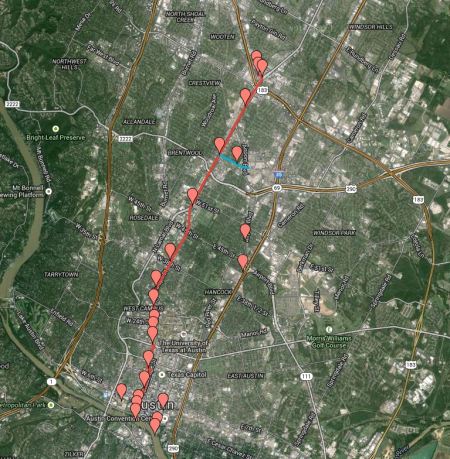 Map of Guadalupe-Lamar corridor light rail route proposed by Brad Parsons.