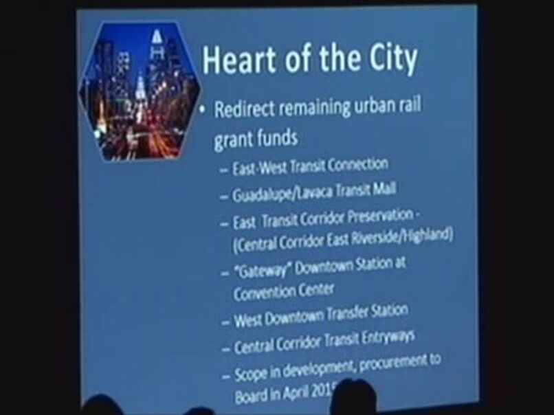 Capital Metro's "Heart of the City" latest projects propose to usurp millions in urban rail planning funds for other purposes. Screenshot from video of Dec. 15th Capital Metro board meeting.