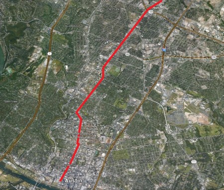 Red highlighting line demarcates North Lamar Blvd. and Guadalupe St., north-south central spine of Guadalupe-Lamar travel corridor. (Click to enlarge.)
