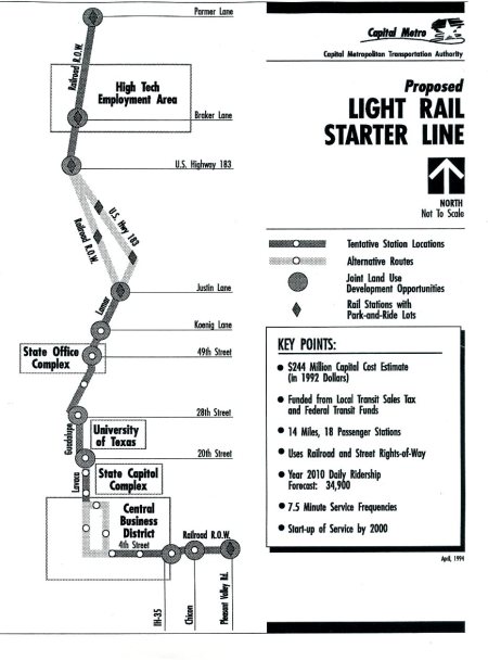 Capital Metro LRT plan for Guadalupe-Lamar and northwest, 1994. Map: CMTA. (Click to enlarge.)