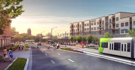 Urban rail has been on the official planning agenda for decades. Throughout the first 10 months of 2014, the Highland-Riverside plan (envisioned in this simulated scene) was hyped incessantly. Graphic: Project Connect.