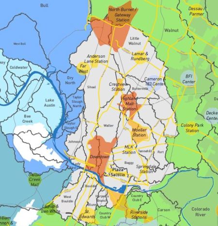 City of Austn's Imagine Austin "Centers and Corridors" map shows "regional centers", "town centers", neighborhood centers" and "activity centers". Center-city has three de facto villages, aka "town centers", that align in almost a perfectly straight line down the city's spine. Map excerpt: City of Austin.