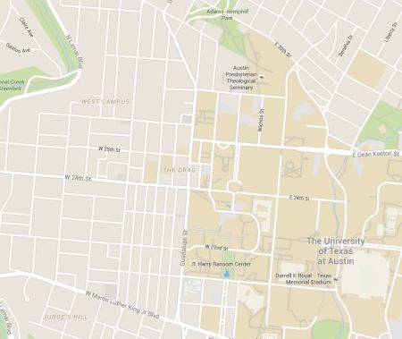 Map shows the Drag area (Guadalupe St., running north-south in center). UT campus lies on the east, West Campus neighborhood on the west. (Screenshot from Google Maps.)