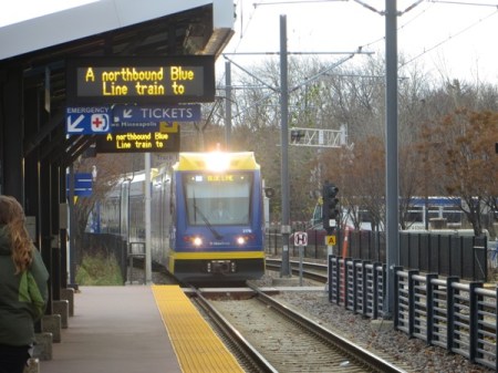 Blue Line train approaches station along Hiawatha Avenue alignment. Photo: L. Henry.