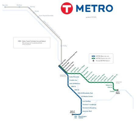 Map of Minneapolis Metro Transit rail transit system shows Blue and Green LRT Lines plus Northstar regional rail line (grey) to the northwest. Map adapted by ARN from Metro Transit map. (Click to enlarge.)