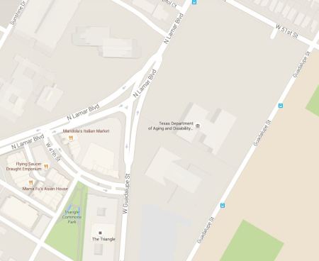 Map snippet shows West Guadalupe St. joining North Lamar at triangular land section now known as "the Triangle". Graphic: Google Maps. (Click to enlarge.)