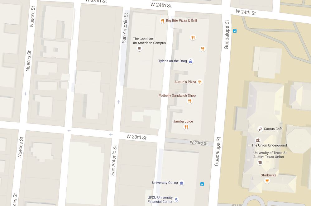 Map snippet shows Guadalupe St. at right (east), with University of Texas campus bordering on east side; San Antonio and Nueces St. in West Campus neighborhood (west of Guadalupe). Graphic: Google Maps. (Click to enlarge.)