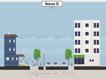 Proposed southbound traffic moved from Guadalupe to Nueces St. Graphic: Andrew Mayer. (Click to enlarge.)