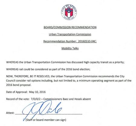 Resolution passed by Urban Transportation Commission recommends City Council consider including rail transit in November bond package. Screenshot by ARN from COA PDF.