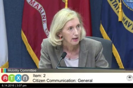 Ann Kitchen chairs City of Austin Mobility Committee meeting of June 14th. Photo: Sceenshot from ATXN video.
